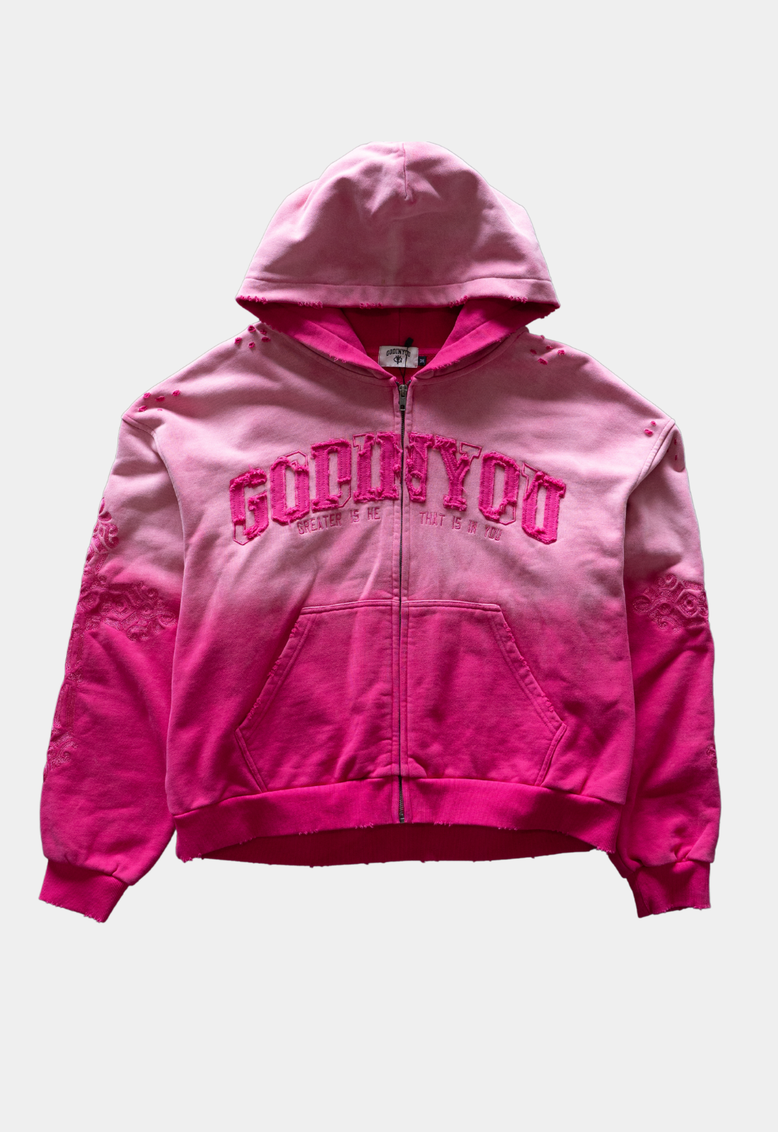 TATTERED LOGO ZIP-UP HOODIE (PINK)