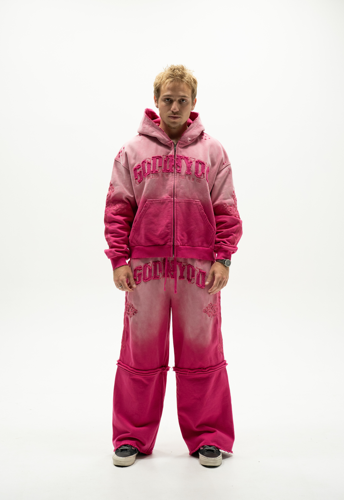 TATTERED LOGO ZIP-UP HOODIE (PINK)