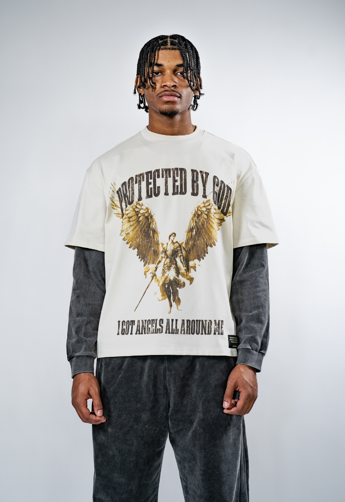 "PROTECTED BY GOD" DOUBLE LAYERED BOXY TEE