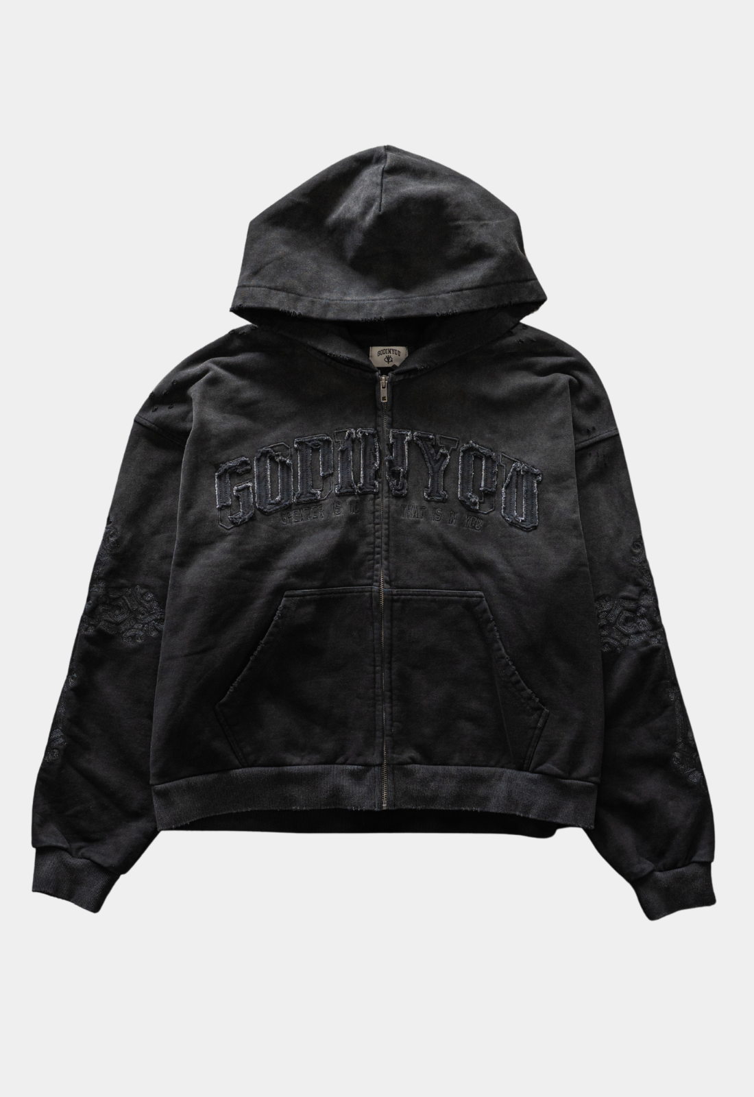 TATTERED LOGO ZIP-UP HOODIE (BLACK)