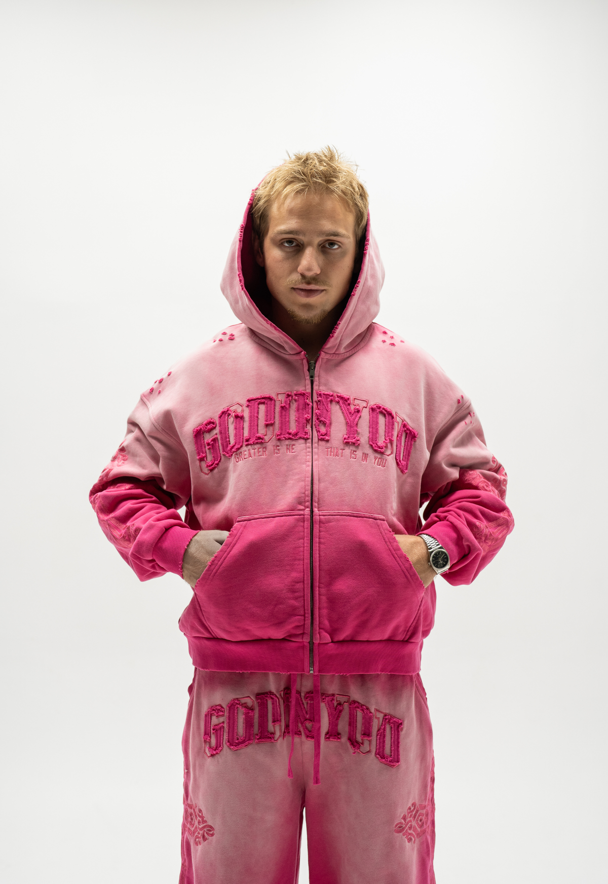 TATTERED LOGO ZIP-UP HOODIE (PINK)
